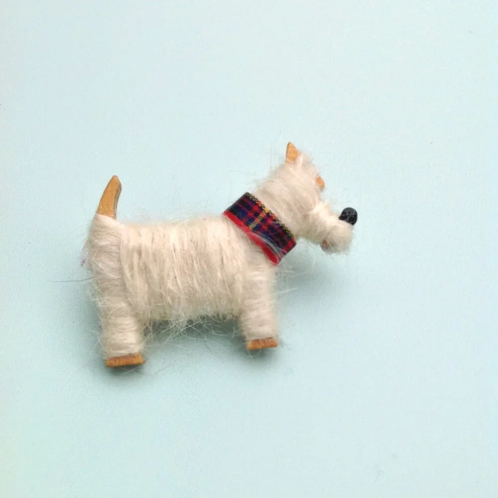 Artisan Brooch Scottish Shetland Wool, Tartan Plaid + Wood Scottie Terrier Dog